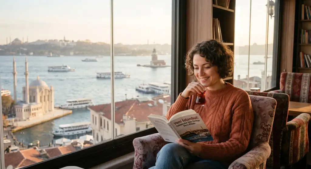 A happy foreigner enjoying traditional tea and a beautiful view while learning Turkish.