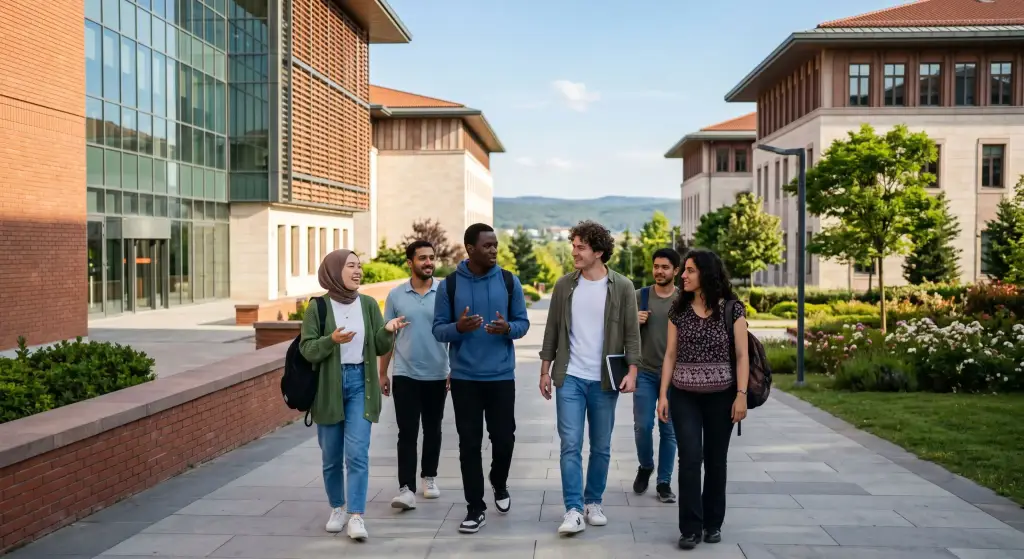 International university students walking on a sunny campus, highlighting what it's like being a student in Turkey.