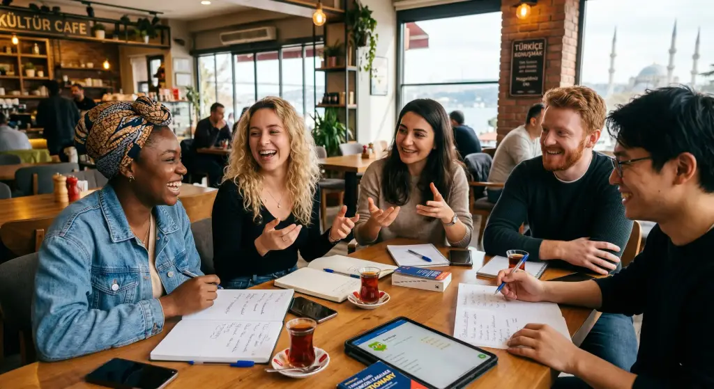 Diverse international students practicing speaking in a Turkish language conversation club.