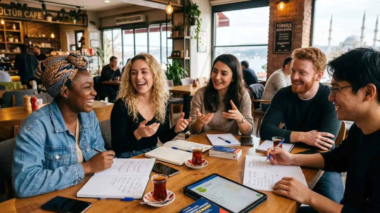Diverse international students practicing speaking in a Turkish language conversation club.