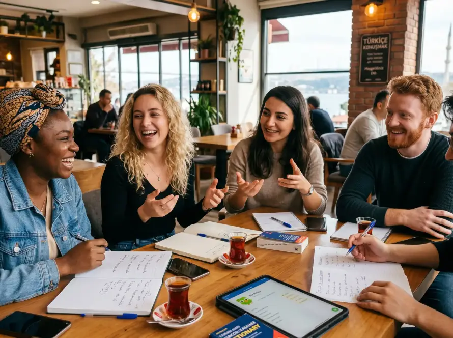 Diverse international students practicing speaking in a Turkish language conversation club.