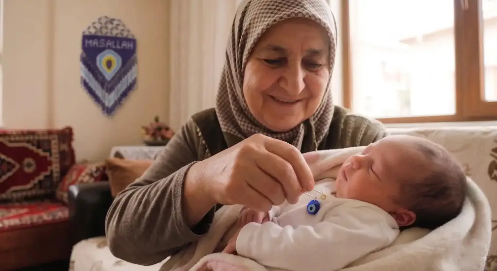 A Turkish grandmother placing a protective evil eye bead on a sleeping newborn, illustrating Superstitions in Turkey.