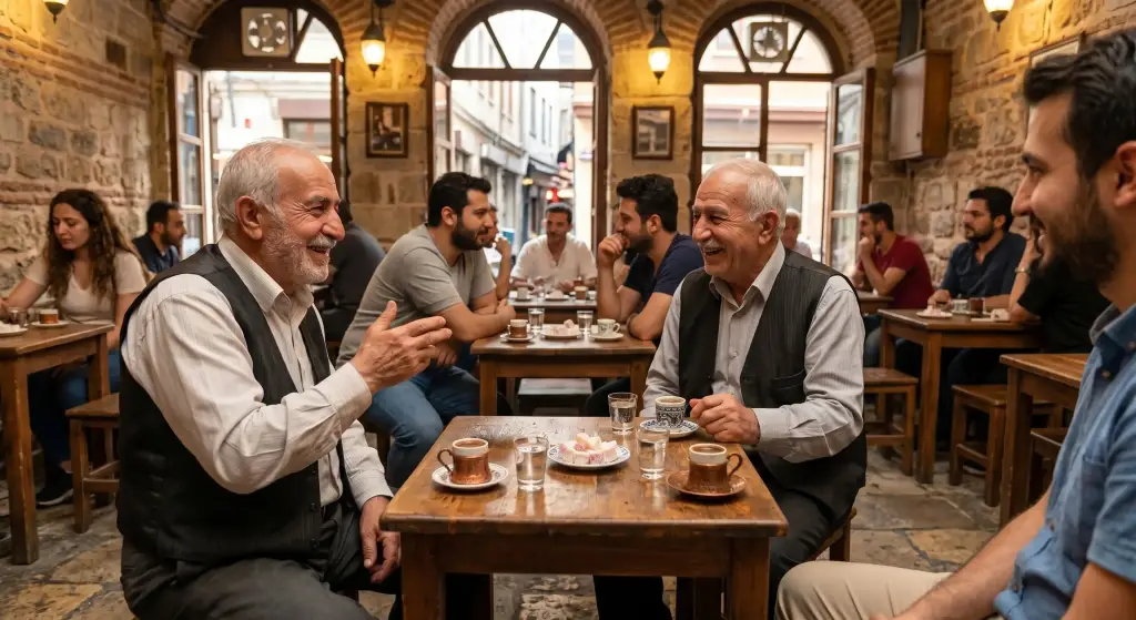 People gathered in a historic coffeehouse, enjoying conversation and sharing a friendly moment over cups of Turkish Coffee.