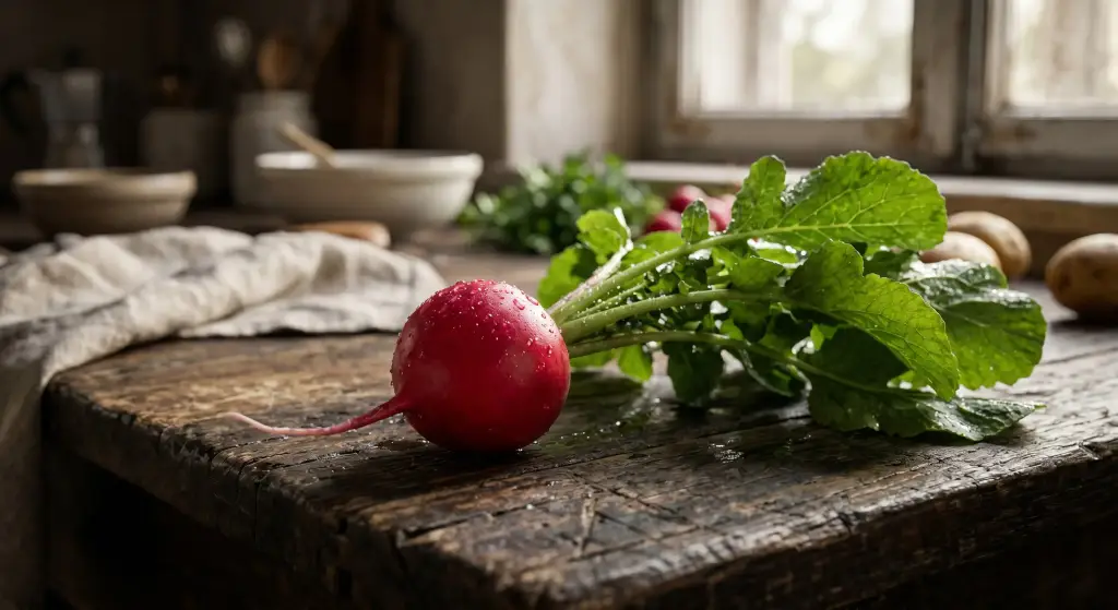 A fresh red radish symbolizing the everyday Turkish idiom for excellent health.