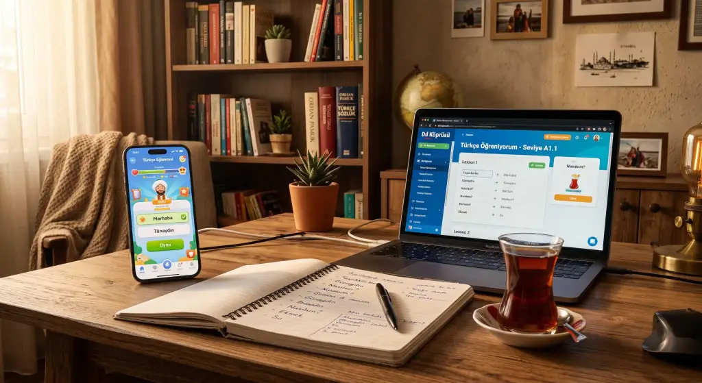 A smartphone showing gamified language apps and interactive materials for learning Turkish on a wooden desk