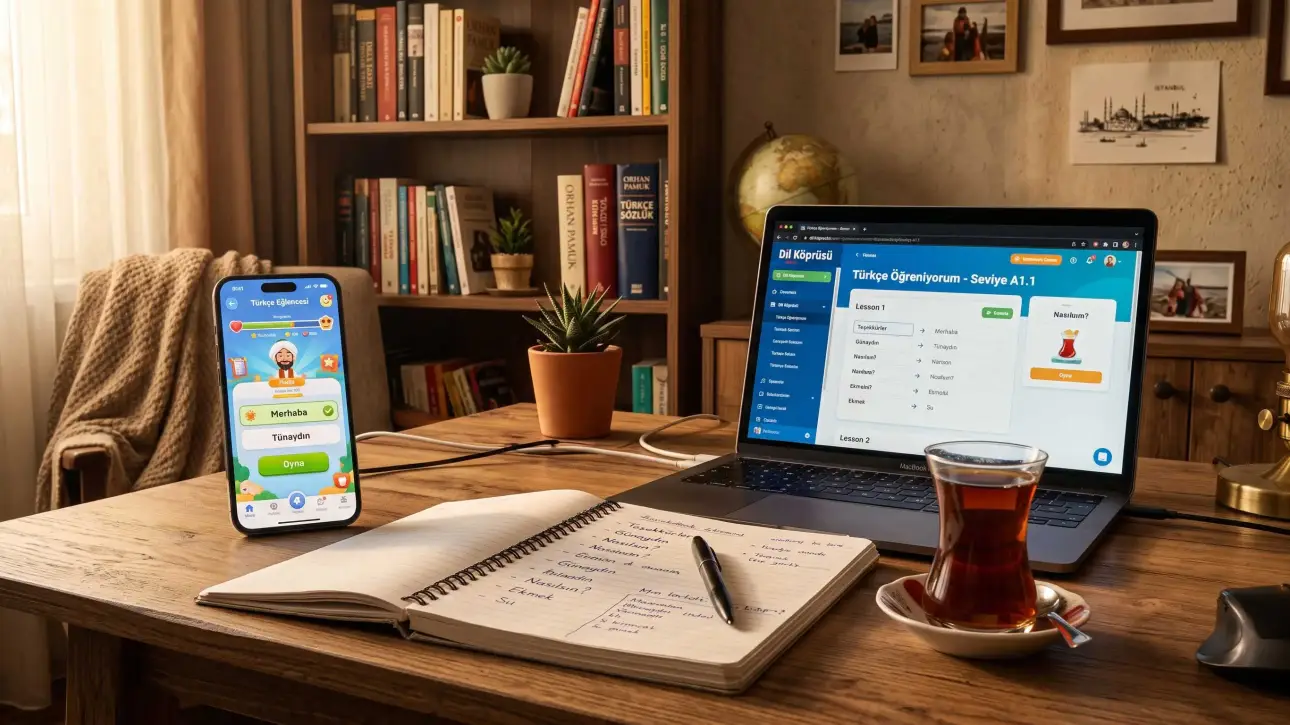 A smartphone showing gamified language apps and interactive materials for learning Turkish on a wooden desk