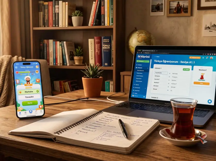 A smartphone showing gamified language apps and interactive materials for learning Turkish on a wooden desk
