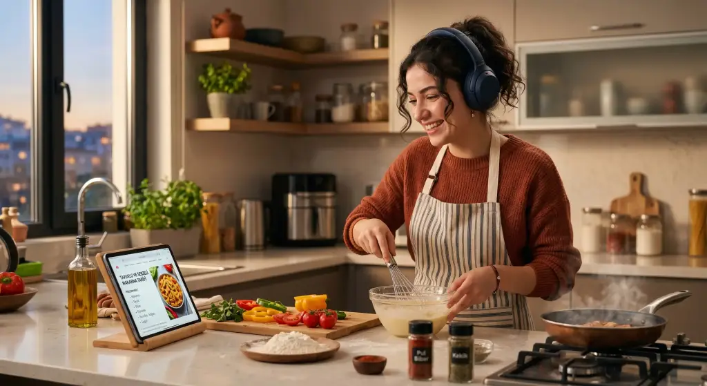 A person applying the language immersion method while cooking at home