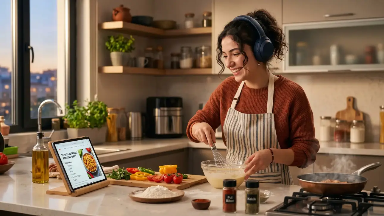 A person applying the language immersion method while cooking at home