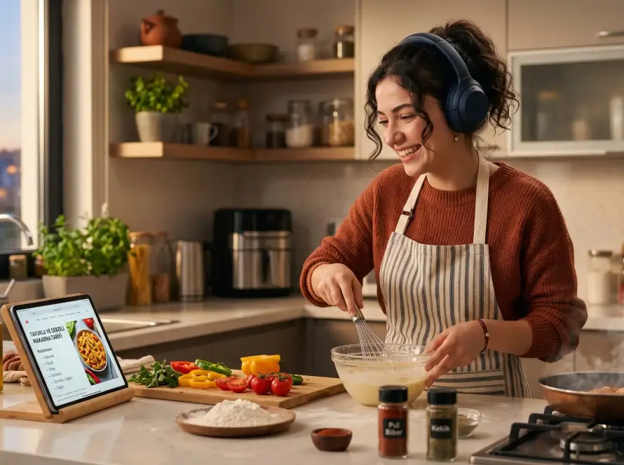 A person applying the language immersion method while cooking at home