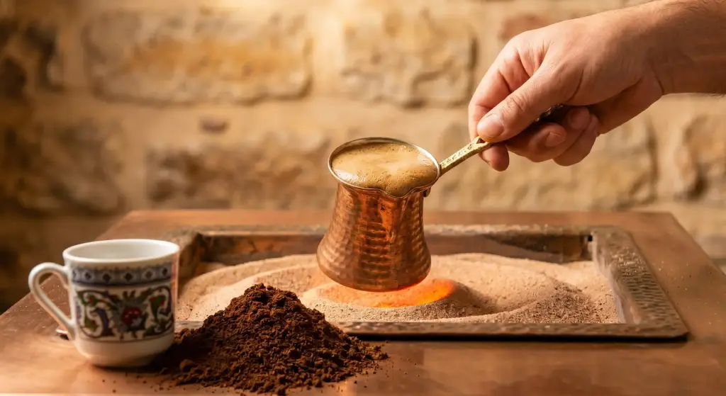 Traditional preparation of Turkish Coffee in a copper cezve over hot sand, with rich foam rising.