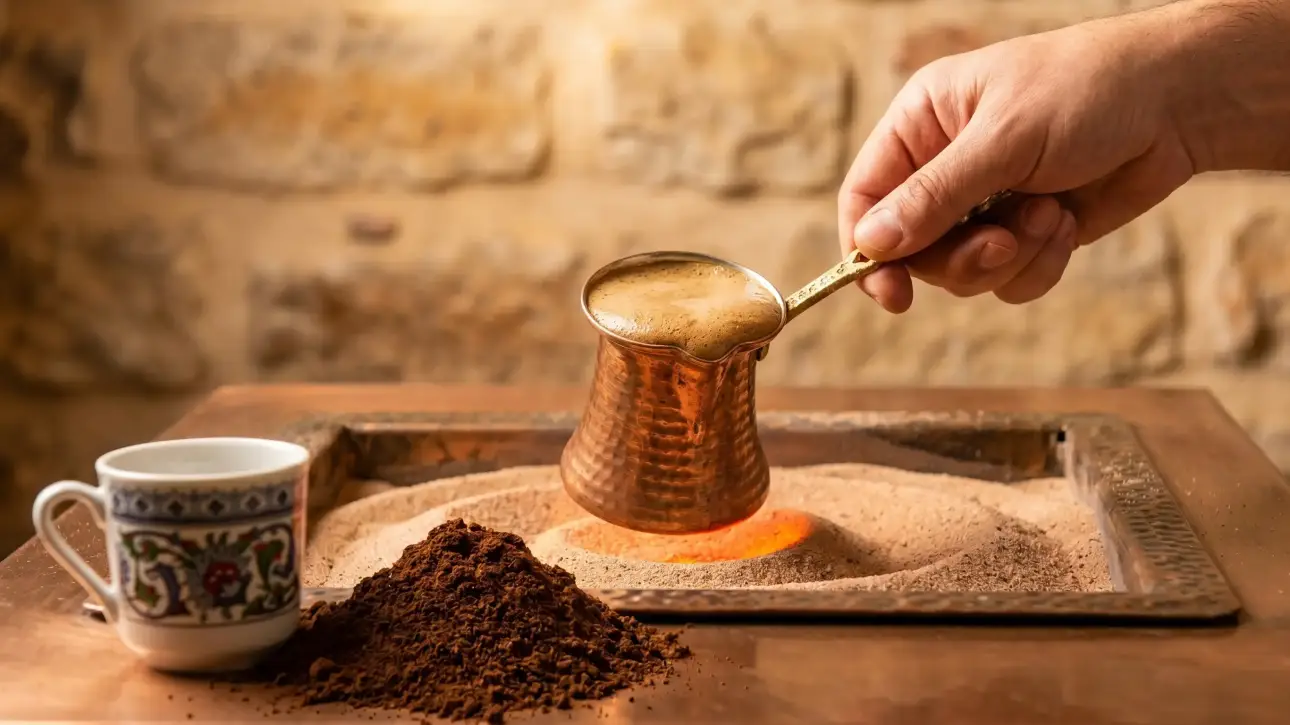Traditional preparation of Turkish Coffee in a copper cezve over hot sand, with rich foam rising.