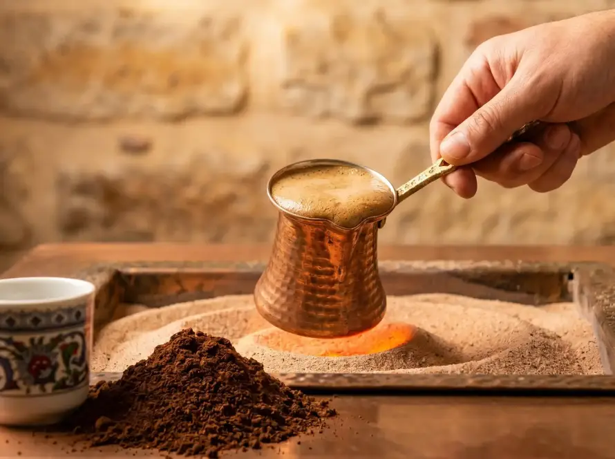 Traditional preparation of Turkish Coffee in a copper cezve over hot sand, with rich foam rising.