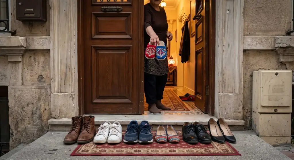 A row of shoes outside the entrance of a Turkish home demonstrating the traditional shoe-free rule.