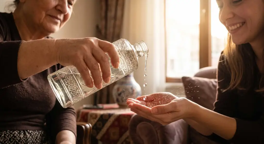 Traditional ritual of offering lemon cologne to a guest inside a Turkish living room.