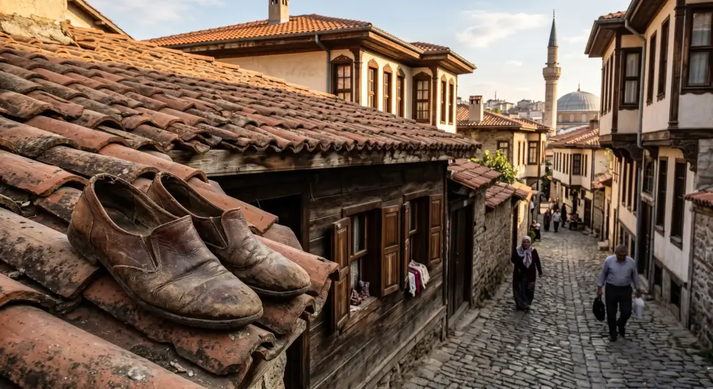 Historical origin of Turkish idioms showing worn shoes thrown on a traditional roof.
