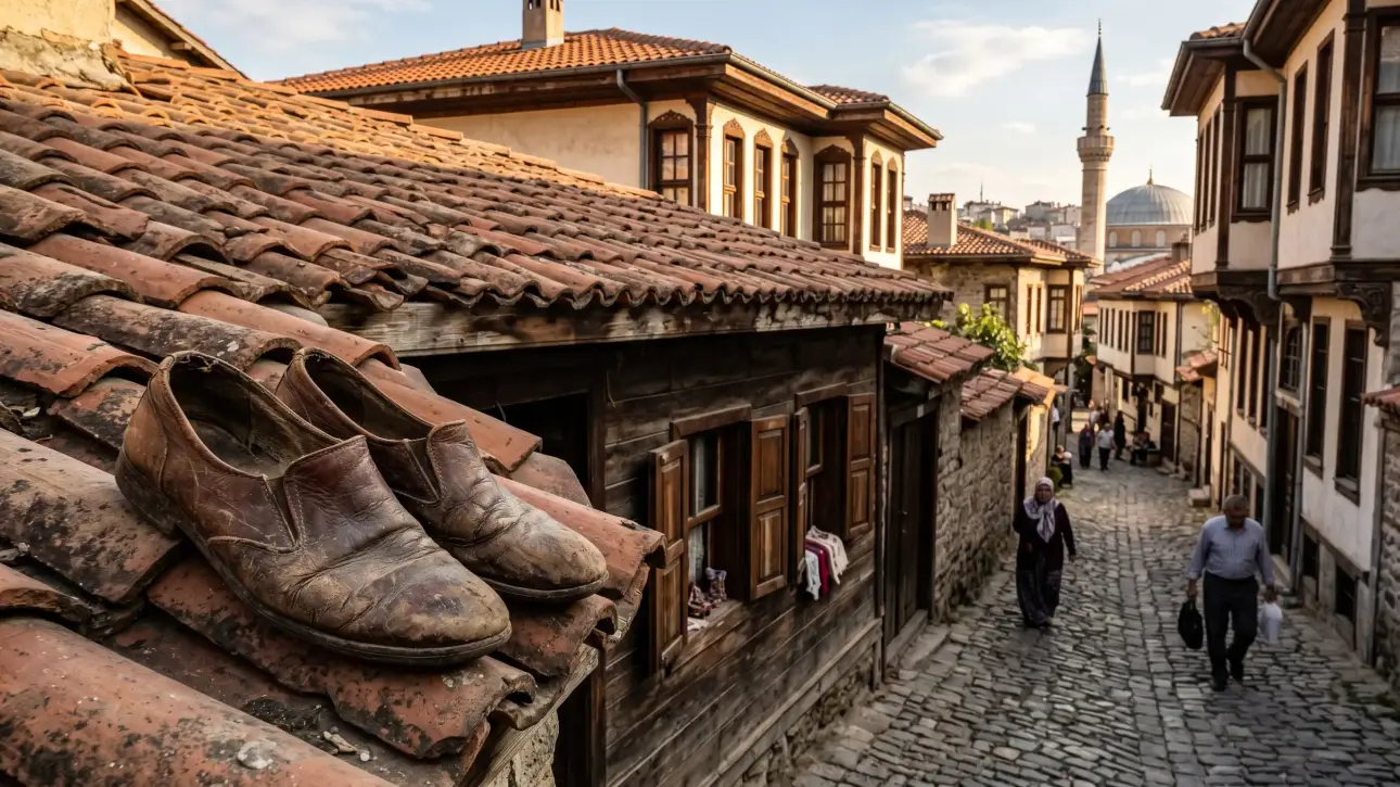 Historical origin of Turkish idioms showing worn shoes thrown on a traditional roof.