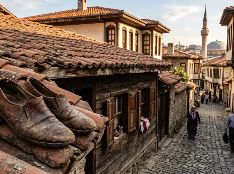 Historical origin of Turkish idioms showing worn shoes thrown on a traditional roof.