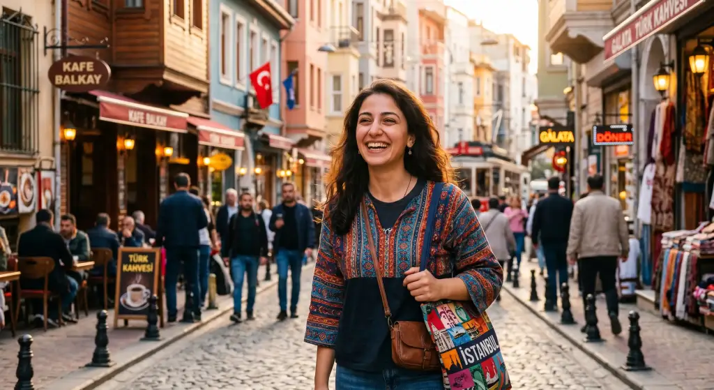 A joyful woman expressing happiness, representing the vibrant nature of common Turkish idioms in daily life.