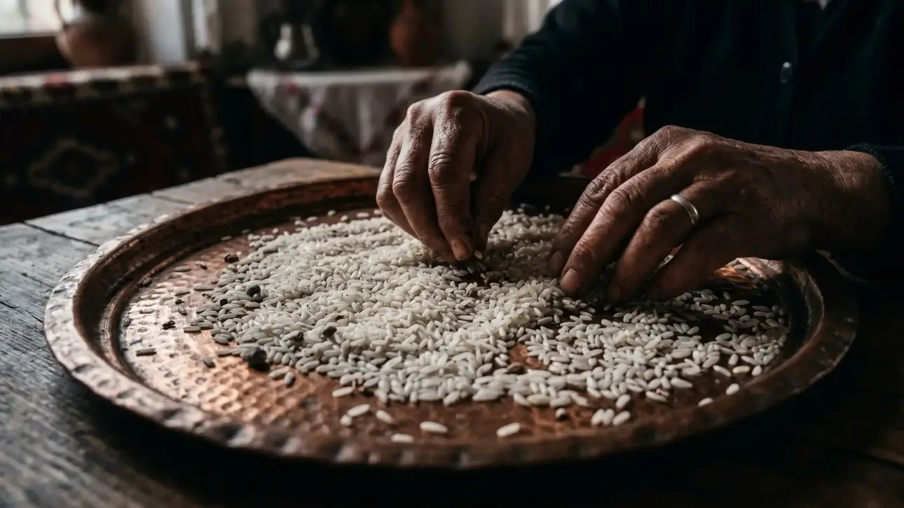 Hands carefully sorting rice on a tray, depicting the Turkish idiom for solving a complex and intractable problem.