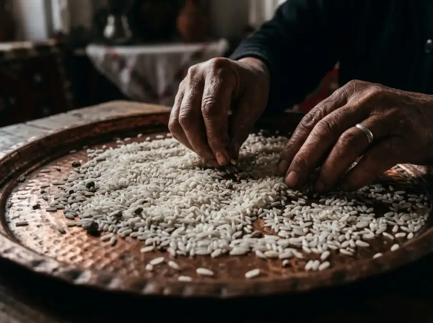 Hands carefully sorting rice on a tray, depicting the Turkish idiom for solving a complex and intractable problem.