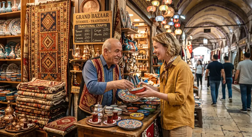 Tourist practicing haggling in Turkish bazaars with a friendly local vendor
