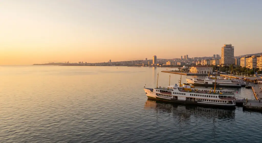 Panoramic scenic view of Izmir coastline during sunset representing Izmir travel guide.