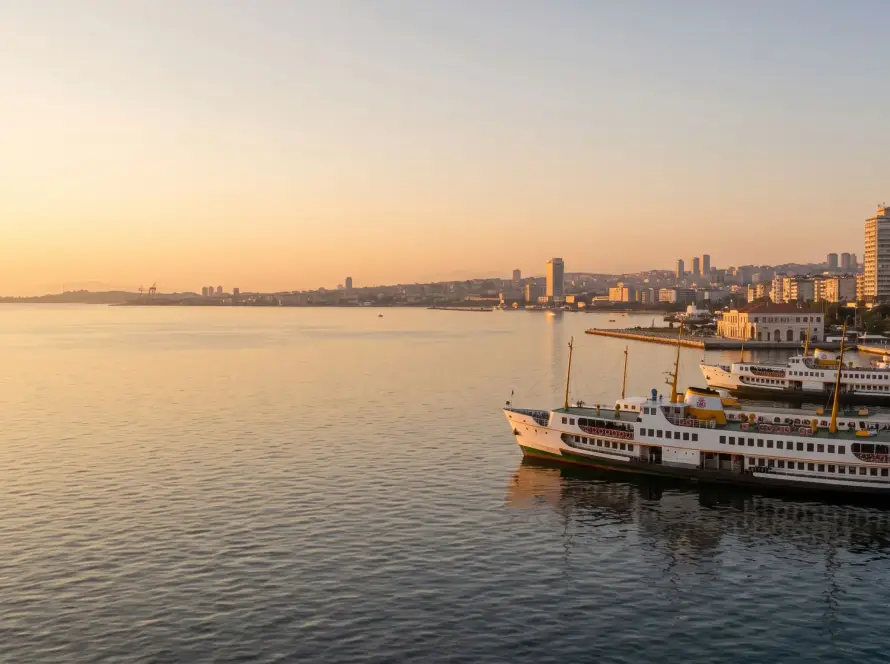 Panoramic scenic view of Izmir coastline during sunset representing Izmir travel guide.