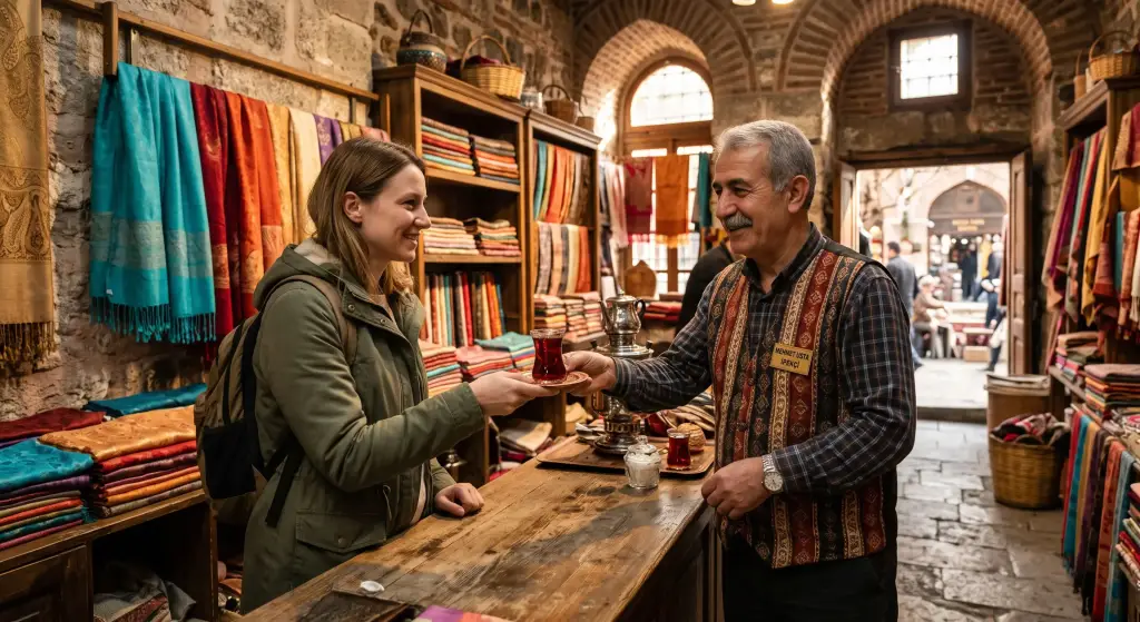 A local shopkeeper offering Turkish tea inside Koza Han to a tourist in Bursa.