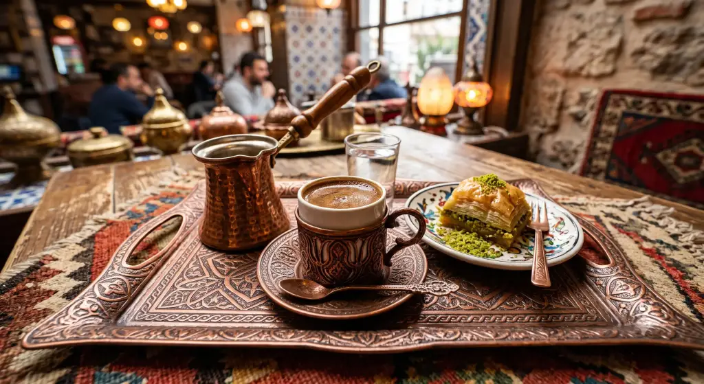 Authentic Turkish coffee and fresh Karaköy baklava served to a tourist in Istanbul