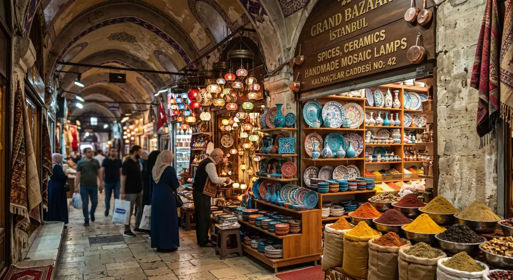 Colorful Grand Bazaar market shop displaying goods for Turkish shopping phrases guide