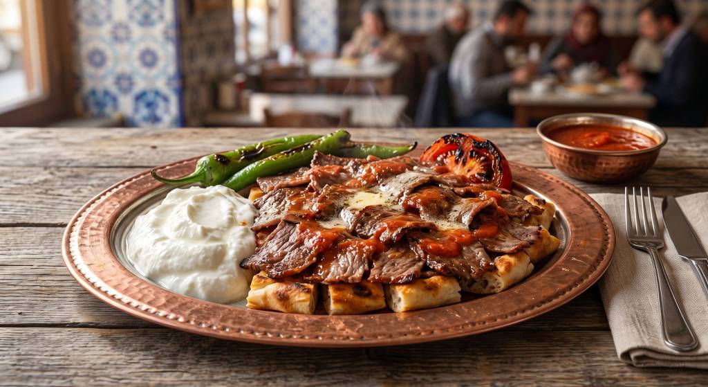 A delicious plate of traditional Iskender Kebab showing what to eat in Bursa.